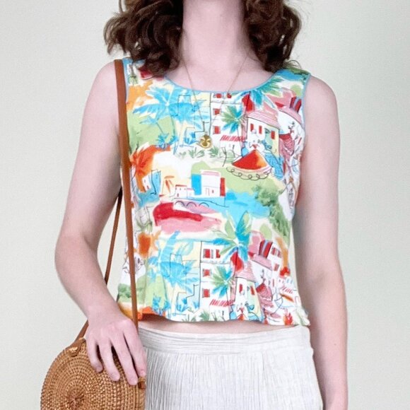Vintage 90s Y2K Tropical Print Tank Top Blouse Vacation Hawaiian Tourist Cropped - Picture 8 of 8